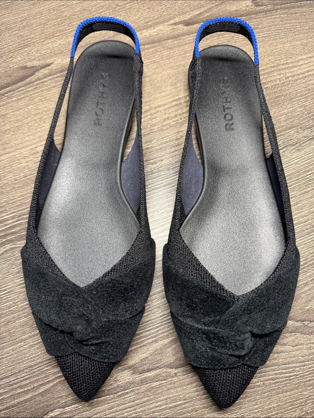 Rothy's Black Pointed Slingback Flats with Blue Heel Tab